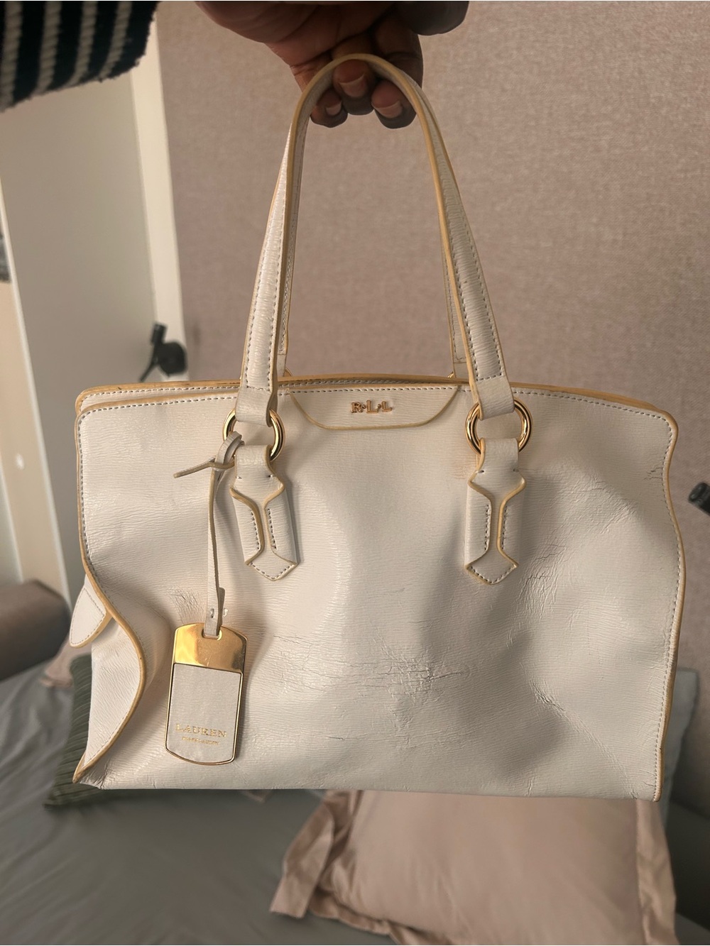 Ralph Lauren Cream Leather Tote with Gold Hardware